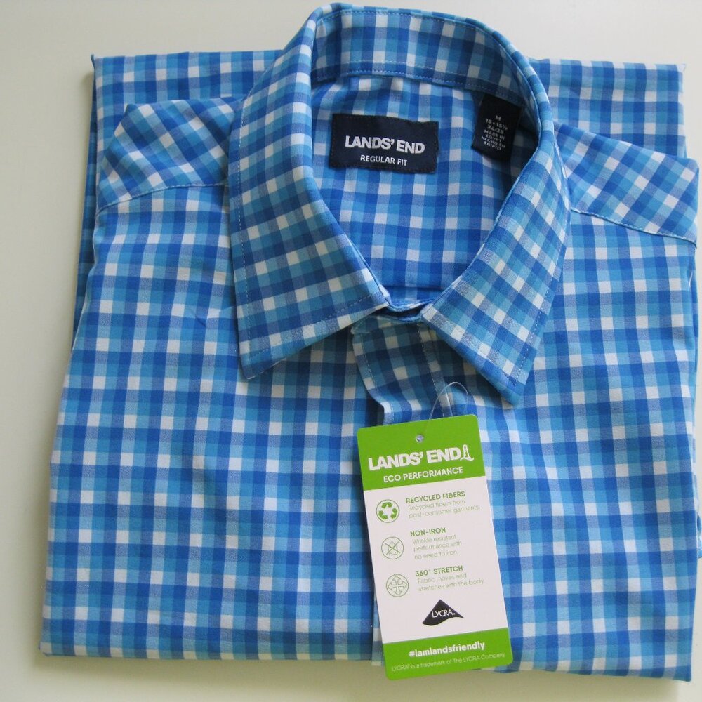LANDS' END men regular fit Dress Shirt no iron stretch moisture wicking blue M L